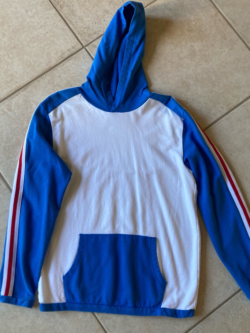 Blue & White Hooded Pullover with Red Stripe Detail